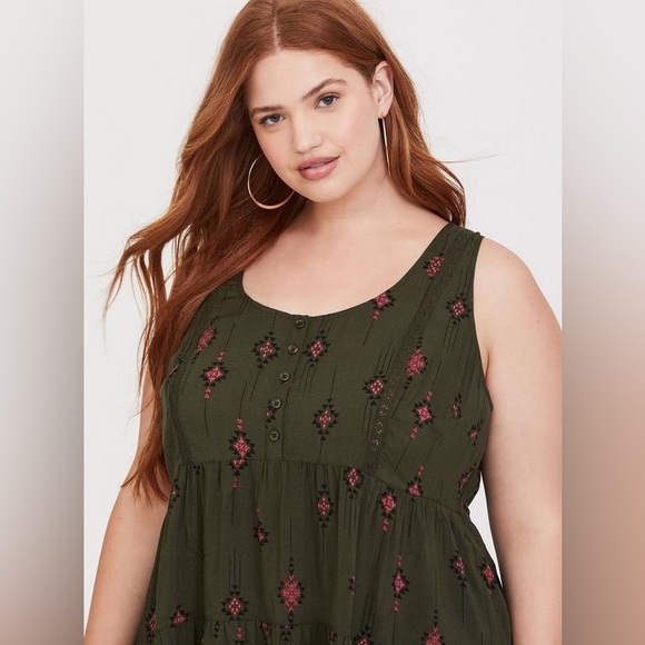 TORRID Challis Tiered Tunic Tank in Ikat Buttons Scoop Neck Tribal Bohemian 3 - Picture 6 of 16